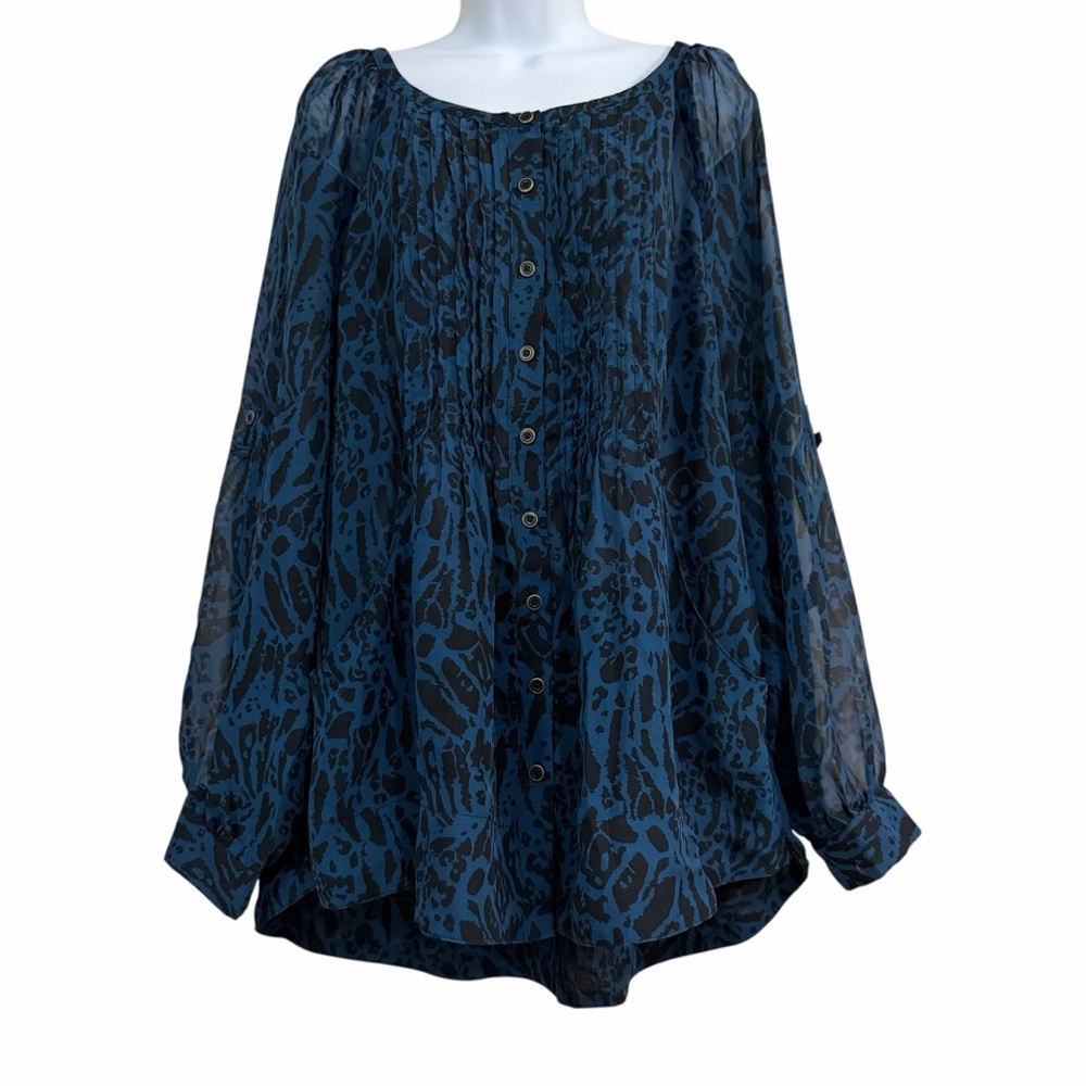 Grace Elements Black Teal Blouse Tunic Size XXL Button Down Pintuck Pockets